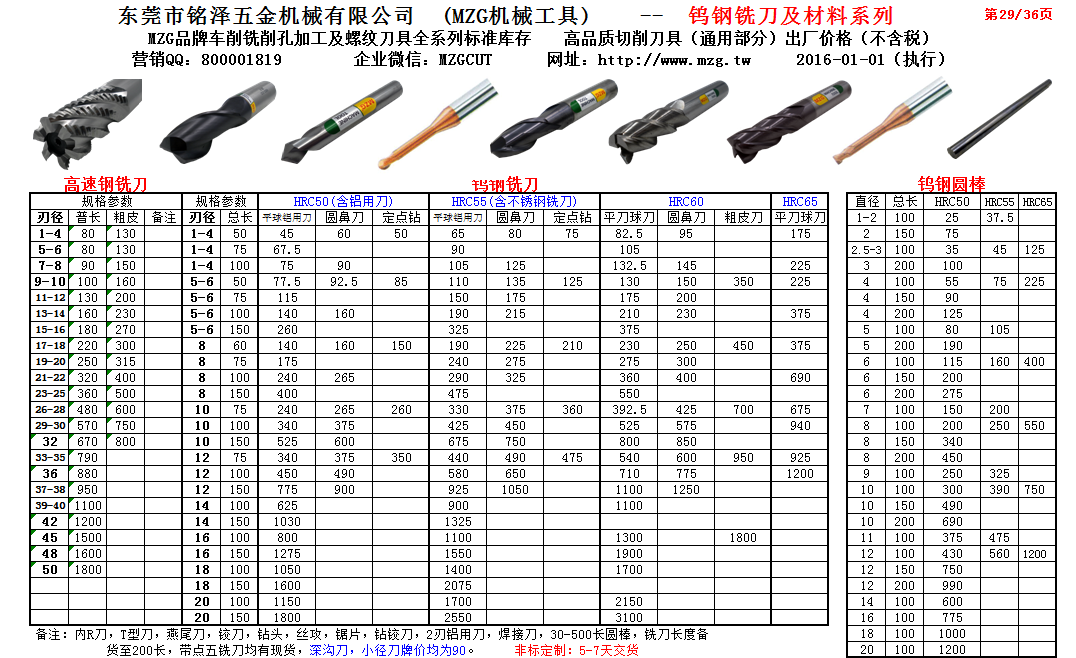 MZG品牌36-29钨钢铣刀及材料系列，企业QQ800001819微信公众服务号MZGCUT